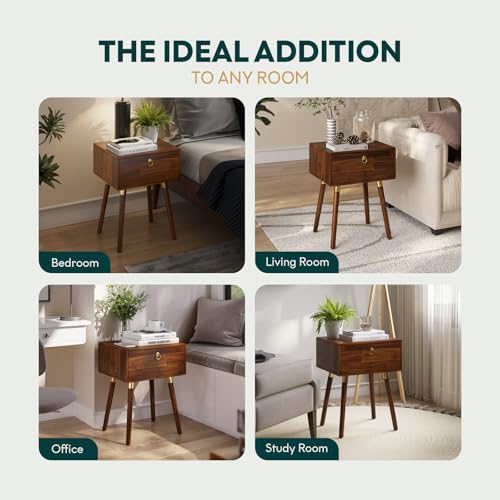 Bme Alden Solid Wood Nightstand/Side Table/End Table, Fully Assembled, with 1-Drawer for Mid Century Bedroom and Living Room, (12mm), Dark Chocolate Bme