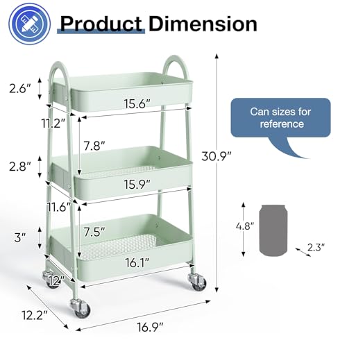 OLIXIS Metal 3 Tiers Utility Rolling Cart with Lockable Caster Wheels, Mobile Storage Shelf, Organization for Livingroom, Bathroom & Narrow Places, Pale Green