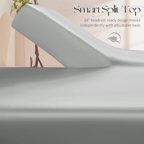 Manyshofu 4Pcs Half Split Flex Head King Sheets Sets for Adjustable Bed, Satin Split King Bed Sheets Silky Grey Satin Sheets Top Flex Sheet - Cooling Sheet Set with 14-16 Inch Deep Pockets Manyshofu