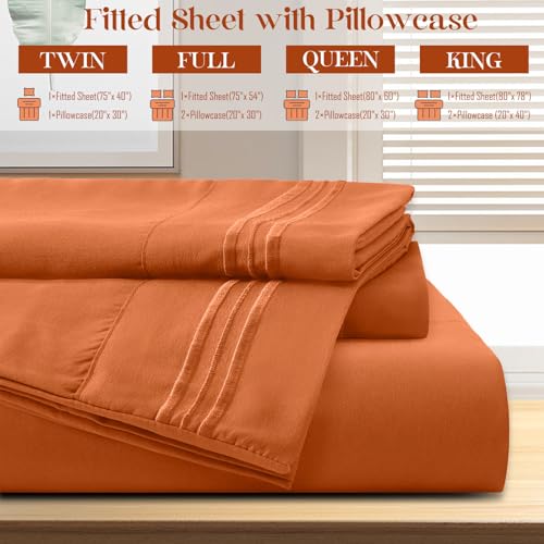 vveiiye Full Fitted Sheet with 2 Pillowcase Soft Microfiber Sheet Set 16" Deep Pocket Bed Sheets, Wrinkle Free and Easy Care Bottom Sheet for Full Size Bed, Burnt Orange vveiiye