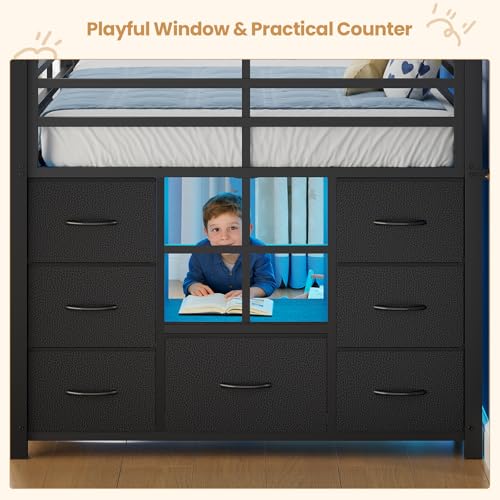 BTHFST Low Loft Bed Twin Size with Stairs & LED Lights, Kids Loft Bed with 7 Storage Drawers & 3 Open Cubbies & Handy Clothes Rail, Twin Loft Bed with Safety Guardrail, Under-Bed Play Area, Black BTHFST