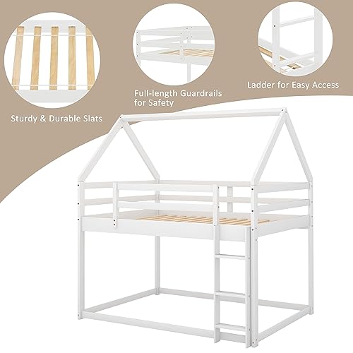 ZJIAH Twin Over Twin Solid Wood House Bunk Bed with Ladder and Safety Guardrails - Fun and Stylish Sleep Solution for Teens ZJIAH