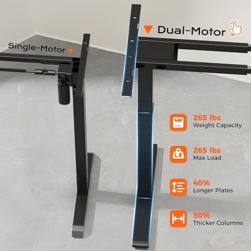 Huuger Dual Motor Electric Standing Desk Frame, Sit Stand up Desk Leg for 47.2” to 86.6” Desktop, Computer Desk Leg with Cable Tray, 3 Memory Height Presets, 2 Hooks, Black Frame Only Huuger