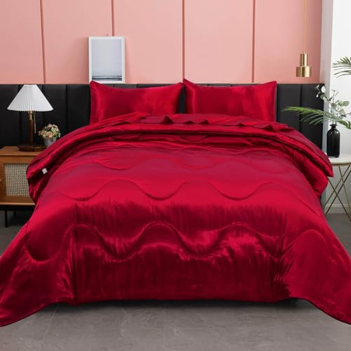 A Nice Night Satin Silky Soft Quilt Sexy Luxury Super Soft Microfiber Bedding Comforter Set, Light Weighted (Red, King) A Nice Night