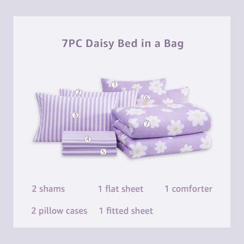 AMBERSPACE Full Size Comforter Sets for Girls, Purple Daisy Kids Bedding Set Reversible with Cute Floral, All Season Bed in a Bag 7 Pieces with Sheets, Pillowcases & Shams AMBERSPACE