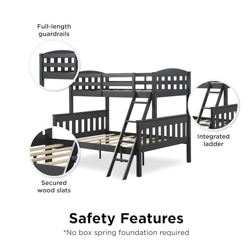 DHP Airlie Convertible Wood Bunk Bed Twin Over Full Size, Stackable and Detachable Bed Frames for Kids, Teens, Angled Ladder, High Guardrail, Wood Slats, No Boxspring Required, Grey DHP