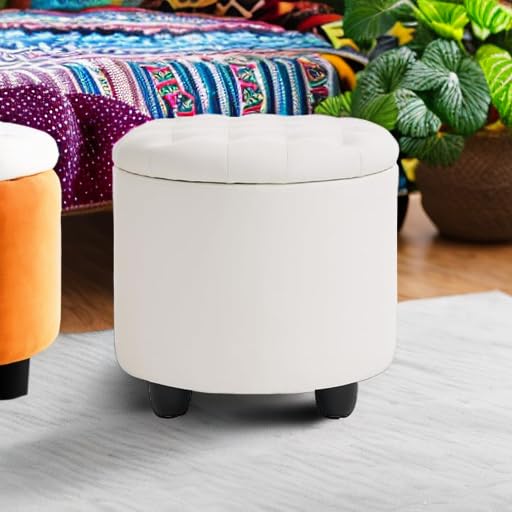 Furniliving Upholstered Button Tufted Round Ottoman, PU Storage Ottoman Round, Removable Lid Convenient Footstools, Classic Ottoman with Storage for Vanity, Nursery Room,IvoryWhite Furniliving