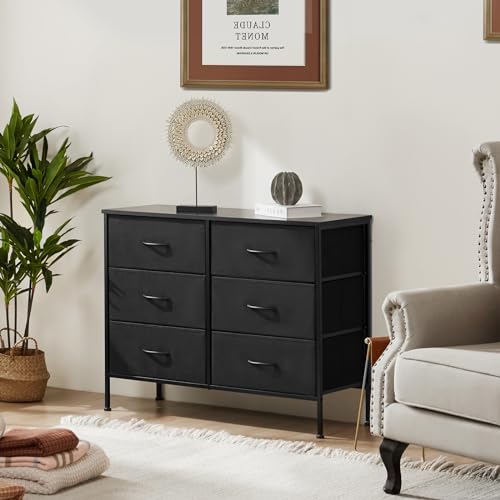 Sweetcrispy Dresser for Bedroom, TV Stand, 6-Drawer Fabric Storage Cabinet with Open Shelves, Console Table, Entertainment Center and Closet Organizers for Living Room Furniture, Black Sweetcrispy