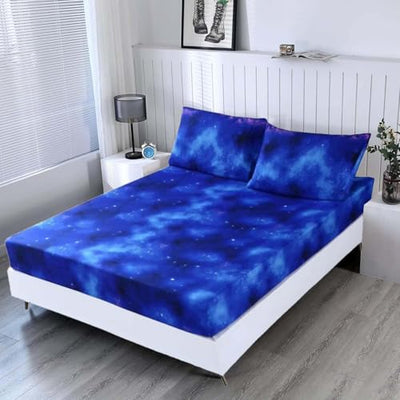 SDIII 3PCS Blue Space Fitted Sheet Set Twin, Bed in a Bag Galaxy Bedding Twin Sheet Fitted, Soft Microfiber, Soft Twin Sheet Set for Kids Boys and Girls, 1 Fitted Sheet and 2 Pillowcases