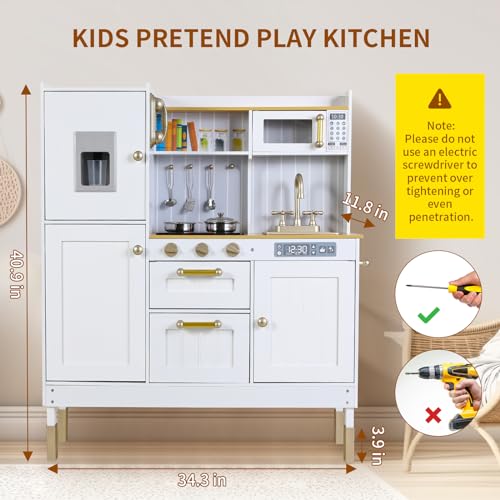 Arlopu Play Kitchen for Kids, Pretend Preschool Kitchen Sets, Wooden Cooking Playset w/Realistic Light & Sound, Telephone, Stove, Fridge, Microwave, Removable Sink, Water Dispenser (White) Arlopu