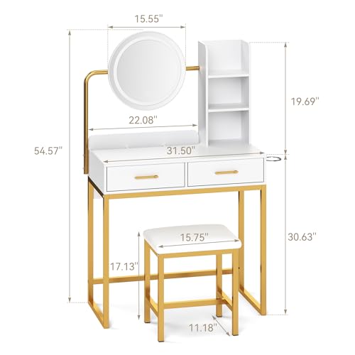 Dowinx Vanity Desk with LED Lighted Mirror & Power Outlet, White Vanity Desk with Adjustable 3 Lighting Modes, Small Vanity Desk for Bedroom, Makeup Vanity with Chair for Girl, Gold and White Dowinx