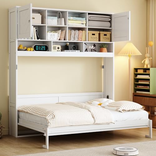 SOFTSEA Queen Size Horizontal Murphy Bed with Shelves, Foldable Wall Bed with Top Cabinets, Space-Saving Hidden Murphy Bed Frame for Guest Room, Bedroom, Office, White SOFTSEA