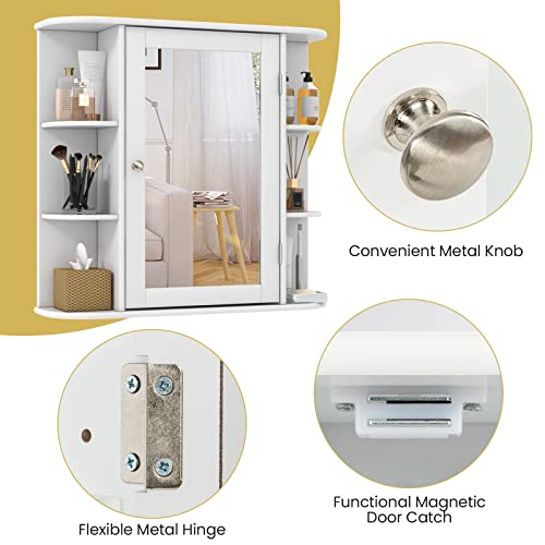 Tangkula Bathroom Medicine Cabinet with Mirror, Wall Mounted Bathroom Storage Cabinet w/Mirror Door & 6 Open Shelves, Adjustable Shelves, Mirrored Bathroom Wall Cabinet (White) Tangkula