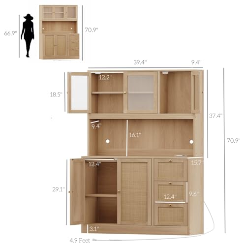 Irontar 70.9'' Kitchen Pantry Cabinet, Kitchen Hutch with Microwave Stand & Charging Station, Farmhouse Tall Storage Cabinet with Countertop, Bar Cabinet with Drawer and Glass Doors, Natural CWG011ME Irontar