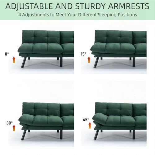 JvFun 71-inch Microfiber Upholstered Futon Sofa Bed - 2 Seats, Adjustable Arms/Back, Iron Legs | Convertible to Sleeper for Main Living Spaces, Bedrooms, Offices (Emerald +2Seat) JvFun