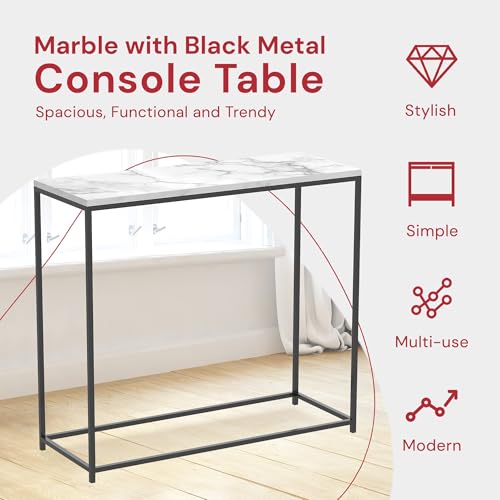 BOWERY HILL Contemporary Marble Console Table, 31" L x 13" W x 28" H, Engineered Wood Top, Black Metal Legs, Modern Style Entryway, Hallway or Living Room Accent Furniture BOWERY HILL