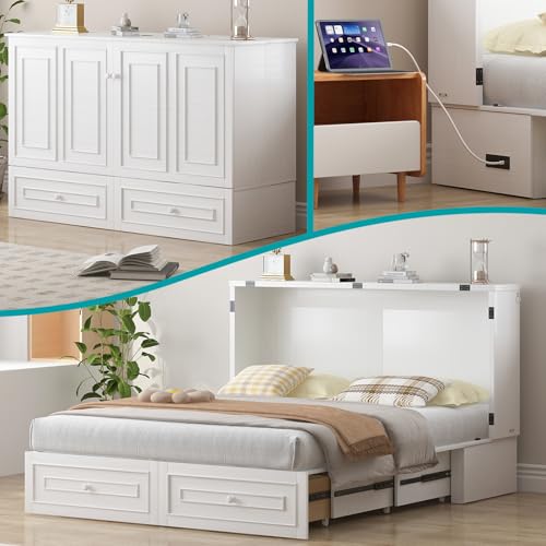 BALUS 63.4" W Queen Size Murphy Bed Cabinet with Tri-Folding Mattress and Storage Drawers, Modern Adults Chest Cube Cabinet Bed with Built-in USB Charging Station for Living Bedroom Apartment, White BALUS