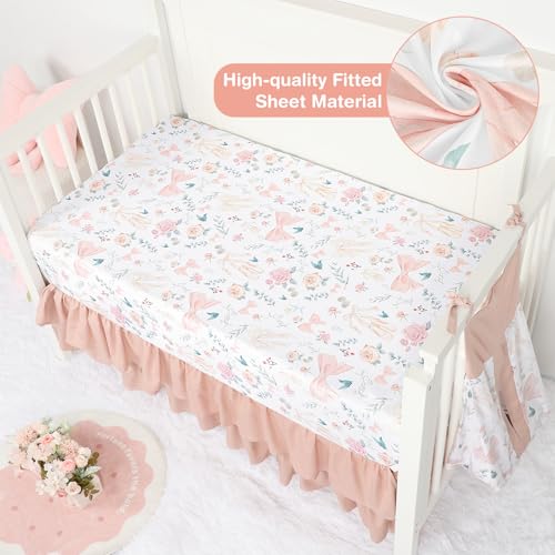GFU Crib Bedding Set for Girls 4-Piece, Bow Baby Girl Crib Bedding Set Pink Flowes, Nursery Sets Includes Comforter, Fitted Crib Sheet, Crib Skirt, and Diaper Stacker GFU