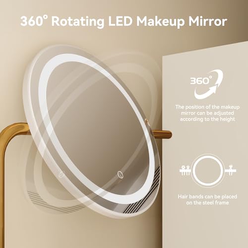 Dowinx Vanity Desk with LED Lighted Mirror & Power Outlet, White Vanity Desk with Adjustable 3 Lighting Modes, Small Vanity Desk for Bedroom, Makeup Vanity with Chair for Girl, Gold and White Dowinx