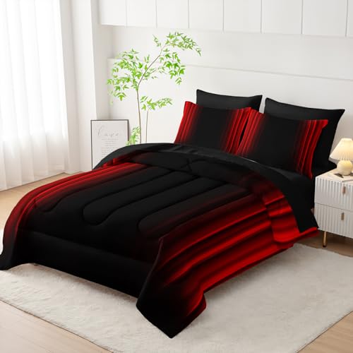 Nttopship Red and Black Bedding Set Queen Size Abstract Ombre Comforter Set Bedding Set 7 Piece in A Bag,Dark Quilt Set Mordern Art Decor All Seasons with Pillowcases,Flat, Fitted Sheet Nttopship