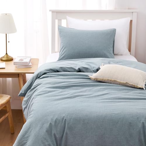Wake In Cloud - Cotton Duvet Cover Set, Twin Size, Light Denim Blue, 100% Washed Cotton, Linen Like Textured, Breathable Percale Durable Comfy Farmhouse Neutral Bedding Set, 3 Pieces Wake In Cloud