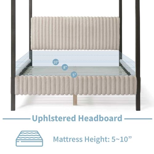 Evadne Modern Canopy Bed Frame Queen Size in Light Brown with Upholstered Channel Headboard and Wooden Slats Support HOMES: Inside + Out