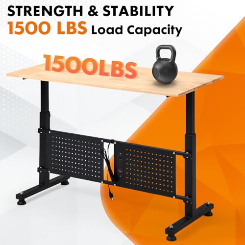 GVGBUK 48 Inch Adjustable Height Workbench, 1500 LBS Capacity Garage Work Table with Power Outlets, USB Ports & Pegboard, Solid Wood Top Work Bench for Workshop, Office, Garage GVGBUK