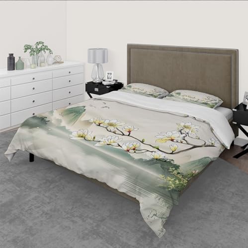 OLLIAR Home Magnolia Duvet Cover Chinese Landscape Ink Painting Green White Bedding Mountain Botanical Flowers Comforter Cover with 2 Pillowcases Super King Size OLLIAR Home