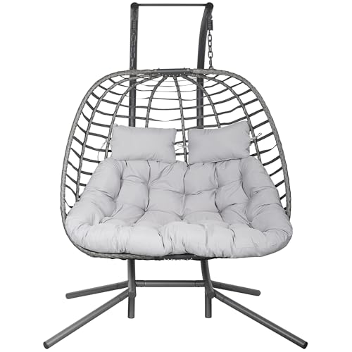 Double Hanging Egg Chair wth Stand, Patio Hammock Swing Chair with Cushion Loveseat for Bedroom, Balcony, Garden, Indoor, Outdoor HWB