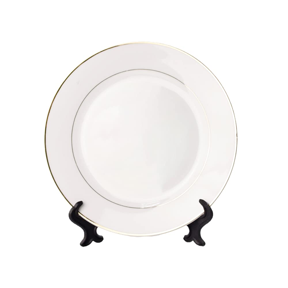 MR.R Set of 2 Sublimation Blanks White Ceramic Gold Rim Plate with Stand,Porcelain Plates, 8 inch Round Dessert or Salad Plate, Lead-Free, Safe in Microwave, Oven, and Freeze MR.R