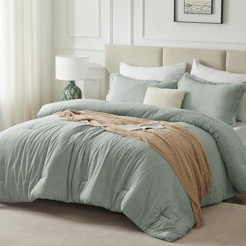 CozyLux Twin/Twin XL Comforter Set Dorm Bedding - 2 Pieces Sage Green Twin Extra Long Soft Luxury Cationic Dyeing Comforter for College, Breathable Boho Bed Sets with 1 Comforter and 1 Pillow Sham CozyLux