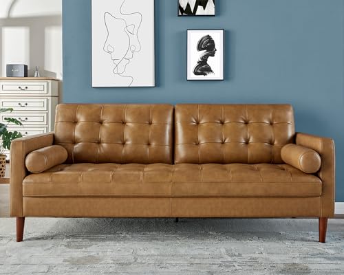 AMERLIFE Leather Sofa, Mid-Century Modern Genuine Leather Sofa, 3 Seater Comfy Couch for Living Room Home Office -Brown Leather Sofa Couch AMERLIFE