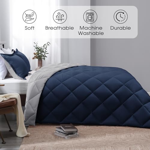 Basic Beyond Queen Comforter Set - Navy Blue Comforter Set Queen Size, Reversible Bed Comforter Queen Set for All Seasons, Navy/Grey, 1 Comforter (88"x92") and 2 Pillow Shams (20"x26"+2") Basic Beyond