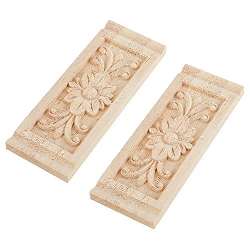 SUPERFINDINGS 2PCS Rectangle with Flower Wood Carving Decal 6.3x2.4inch Unpainted Home Furniture Applique Decor Natural Solid Wood Carved Onlay for SUPERFINDINGS