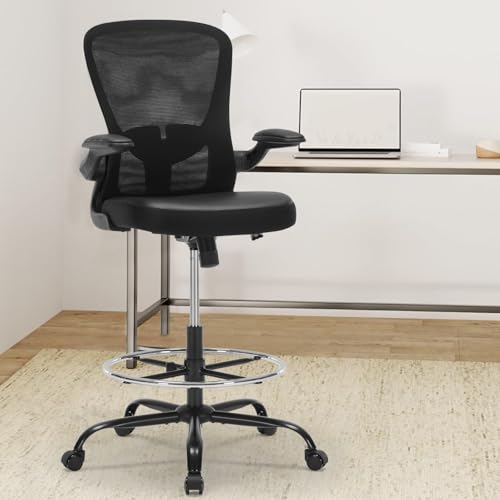 OLYFING Ergonomic Drafting Chair, Standing Desk Chair with Lumbar Support Tall Office Chair with Flip-Up Arms Footrest Ring, Breathable Mesh High Desk Chair with PU Leather Seat Cushion, Black OLYFING