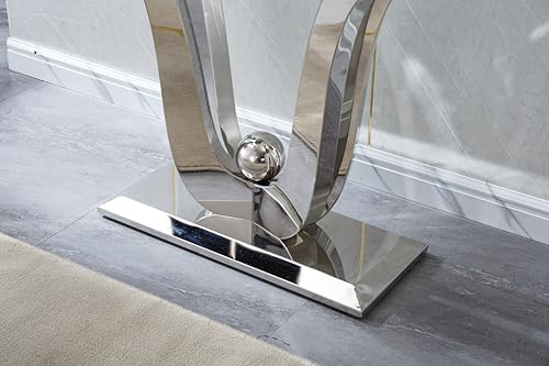 Henf Luxury Glass Console Table Modern 47" Slim Entryway Table with Silver Floral-Shape Stainless Steel Base and Clear Glass Top, Silver Sofa Tables for Living Room Hallway Corridor Office Henf
