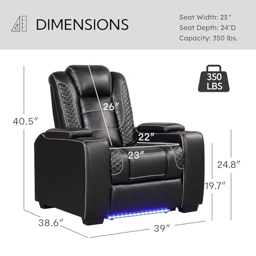 ANJ Power Home Theater Seating Recliner Chairs, PU Leather Recliner with Cup Holders, Electric Movie Theater Reclining Chairs with Adjustable Powered Headrest, LED Lights, Hidden Arm Storage (Black)