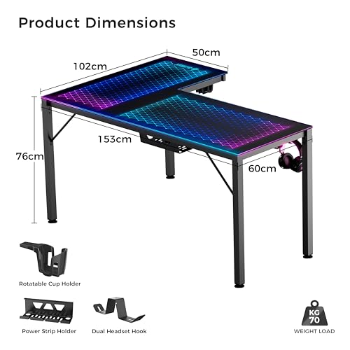 EUREKA ERGONOMIC RGB LED Lights 60 Inch L Shaped Reversible Black Glass Gaming Desk Home Office Computer Table GTG L60 EUREKA ERGONOMIC