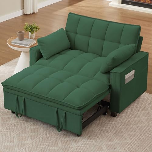 Portaforta Sleeper Sofa with Pull Out Couch Bed, 48" Convertible Pull-Out Sofa Bed Chair, 3-in-1 Futon Couch with Reclining Backrest and Side Pockets for Living Room Bedroom Apartment, Green Portaforta