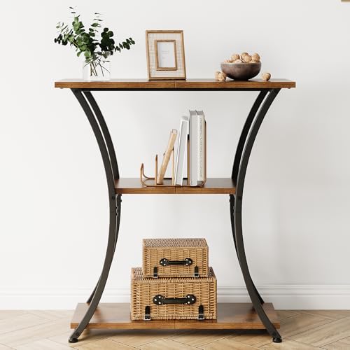 Trironsun Rustic 3-Tier Console Table with Open Shelves Narrow Entryway Table with Curved Metal Frame Slim Sofa Table for Hallway Living Room or Foyer (Rustic Brown) Trironsun
