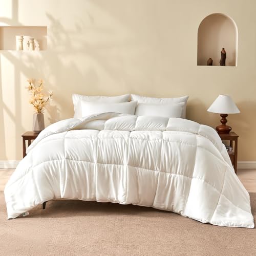 BPC 100% Rayon Derived from Bamboo Silk Blend Comforter Full/Queen Size, Ultra-Soft ClimaSilkโข Down-Alternative Duvet Insert for All Seasons with Corner Tabs, Medium Warmth, White, 82x86 Inches BPC
