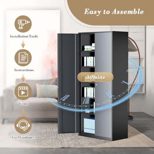 Athena Collection 71" Tall Metal Storage Cabinet with 2 Doors and 6 Ajustable Shelves, Garage Storage Cabinet for Files, Tools, Home Offcie, School, Garage, Pantry, Grey Black Athena Collection