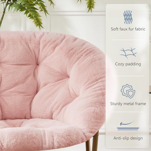 DUMOS Comfy Saucer Chair, Faux Fur Lounge Seasting XL Circle Chair for Bedroom, Dorm & Gaming, Foldable Fashion Accent Seat for Small Spaces, Folding Moon/Mushroom/Round Oversized Style