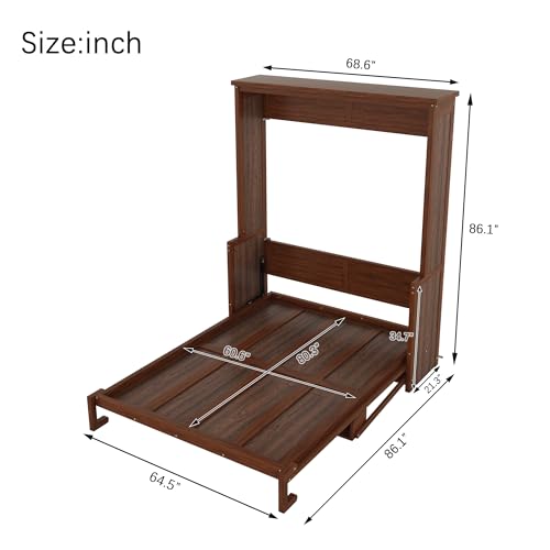 KEIKI Queen Size Murphy Bed with Desk, Horizontal Wood Wall Bed Cabinet with Gas Struts, Space-Saving Folding Bed for Bedroom, Living Room, Guest Room, Walnut KEIKI