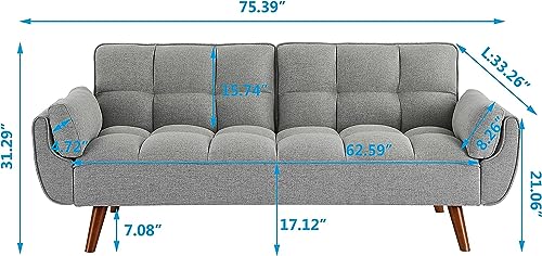 ERYE 75-Inch Tufted Upholstered Futon Sofabed Linen Loveseat Sofa Bed with Adjustable Backrest and Pillows for for Bedroom Living Room, Modern Convertible Futon Sleeper Bed ERYE