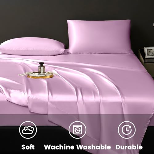 Revdomfly 3 Pcs Twin Size Luxury Silky Soft Pink Satin Sheet Set,1 Premium Moisture Wicking Fitted Sheet Fits Up to 16 Inches Deep Pocket + 1 Flat Sheet + 1 Pillowcases(Pink, Twin) Revdomfly