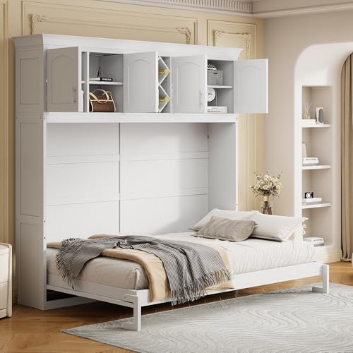 Merax Queen Size Murphy Wall Bed, with Top Cabinets & Wine Rack Space-Saving Foldable Ideal for Guest Rooms, Home Offices, Small Apartments, White Merax