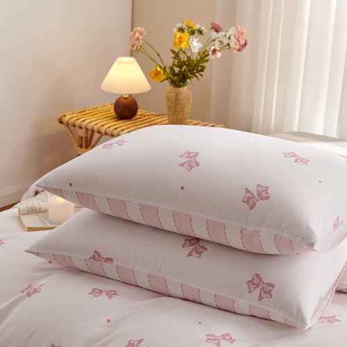 Bildenly Pink Bow Duvet Cover Twin Size Reversible White Pink Bows Striped Bedding Set Kids Girls Cute Comforter Cover Set Soft Breathable Microfiber Quilt Cover with Zipper Closure and 1 Pillowcase Bildenly