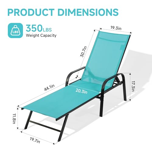 DUMOS Outdoor Lounge Chaise, 5-Position Aluminum Chaise Lounge with Armrests, Sun Tanning Chair 350 lbs Heavy Duty Patio Pool Chair, Waterproof Sun Lounger for Deck, Backyard, Beach & Poolside, Blue