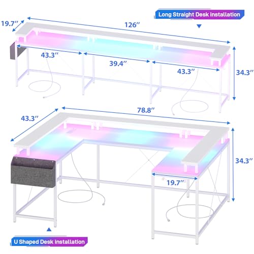 U Shaped Computer Gaming Desk, 79’’ Reversible l Shaped Computer Desk with Power Outlet & LED Strip, Office Desk with Monitor Stand, Large Corner Desk with Storage Bag for Bedroom, Office, White TrailBlaze
